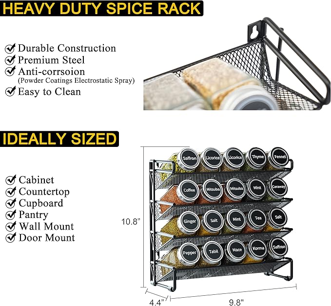 SpaceAid Spice Rack Organizer with 20 Spice Jars, 386 Spice Labels, Chalk Marker and Funnel Set for Cabinet, Countertop, Pantry, Cupboard or Door & Wall Mount - 20 Jars, 9.8" W × 10.8“H, Black