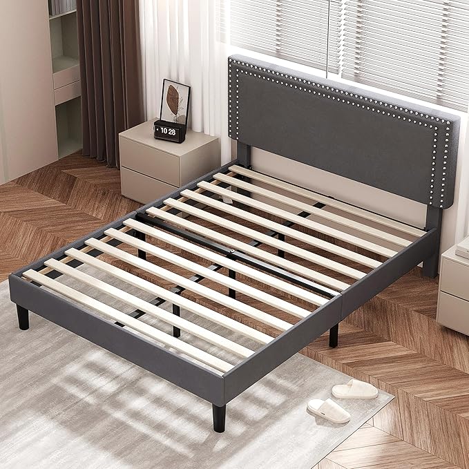 VECELO Full Size Bed Frame with Adjustable Upholstered Headboard, Wooden Slats Platform, Noise-Free Design, No Box Spring Needed, Easy Assembly
