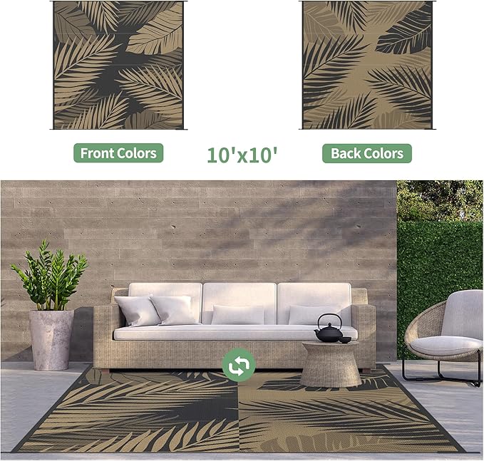 GENIMO Outdoor Rug 10' x 10' Waterproof for Patios Clearance, Reversible Outdoor Plastic Straw Camping Rug Carpet, Large Area Rugs Mats for RV, Camper, Deck, Balcony, Porch, Beach, Picnic, Black&Brown