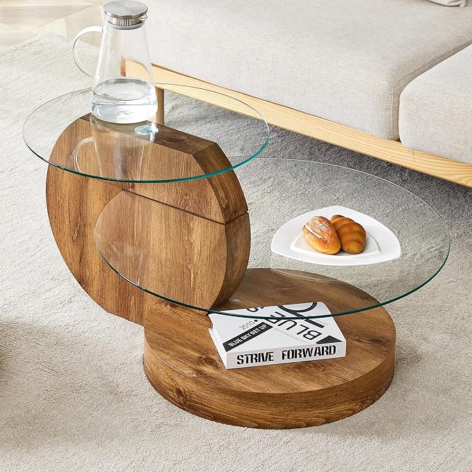 Glass Coffee Table, Modern Round Glass Coffee Table with Wooden Base, 3 Tier Round Coffee Table, Clear Cocktail Table with Storage for Living Room, Office, Balcony, Wood