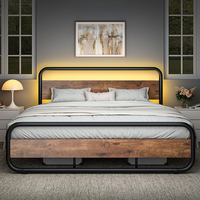 Catrimown King Size Bed Frame, Metal Rustic Bed Frame with LED Headboard, Rustic Industrial Heavy Duty Wooden Platform Bed Frame with Under Bed Storage, Noise Free, No Box Spring Needed, Black