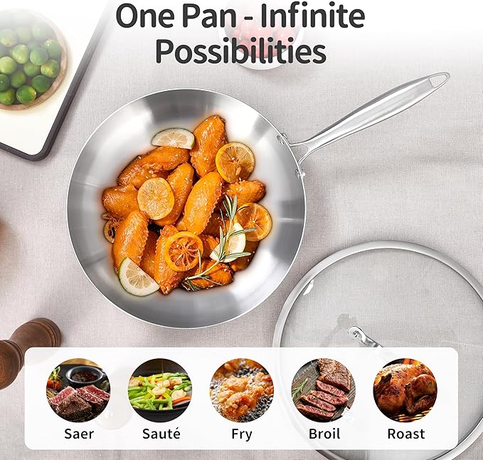 LOLYKITCH 8.5-10-12 Inch Tri-Ply Stainless Steel Frying Pan Set with Lids,Skillets,Induction Cooking Pans,Dishwasher and Oven Safe,Detachable Handle