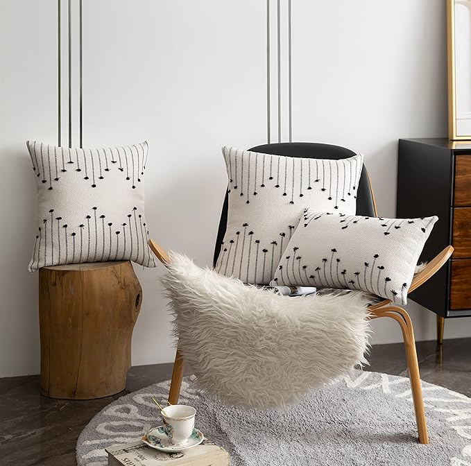 Boho Throw Pillow Covers 12x20 Set of 2 Decorative Pillows for Bed, Neutral Pillow Covers Beige with Black Line Throw Pillows for Modern Farmhouse Couch Sofa Living Room Outdoor