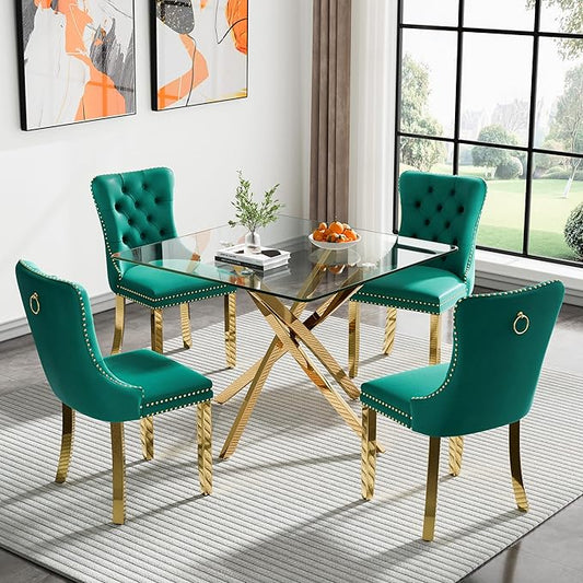 Goujxcy 5 Piece Glass Dining Table Set Modern Small Glass Dining Table Set for 4, 35.43" Square Kitchen Table and 4 Velvet Upholstered Chairs for Kitchen Dining Room, Gold & Green