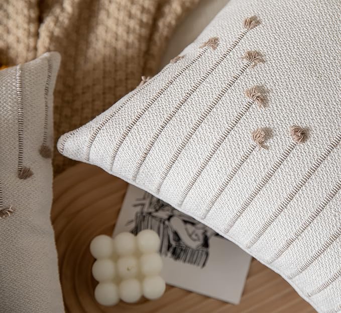 Boho Throw Pillow Covers 12x20 Set of 2 Decorative Pillows for Bed, Neutral Pillow Covers Beige with Tan Line Throw Pillows for Modern Farmhouse Couch Sofa Living Room Outdoor