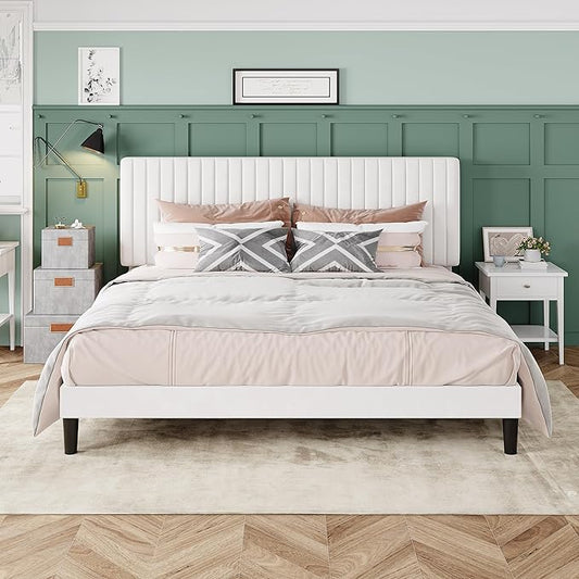 Allewie King Bed Frame, Velvet Upholstered Platform Bed with Adjustable Vertical Channel Tufted Headboard, Mattress Foundation with Strong Wooden Slats, Box Spring Optional, Easy Assembly, Off-White