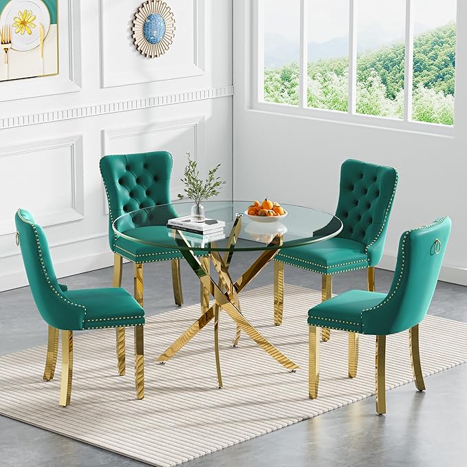Goujxcy 5 Piece Round Glass Dining Table Set for 4, 36" Round Dining Table & Chair Set Modern Circle Glass Kitchen Table and 4 Velvet Upholstered Chairs for Kitchen Dining (Gold Table & Green Chair)