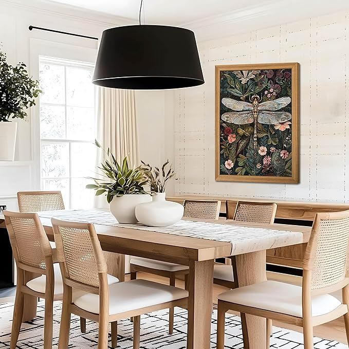 Framed Vintage 3D Textured Wall Art - Dark Green Dragonfly Flowers Wall Decor - Hand Drawn Sandstone Nature Botanical Pictures for Living Room Bedroom Home Decor 24x36in