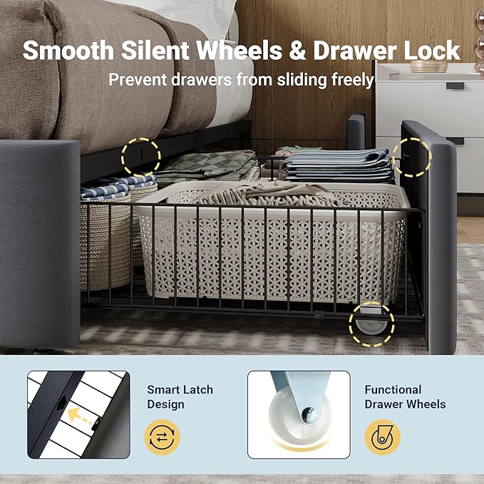 Allewie Queen Size Platform Bed Frame with 4 Large Storage Drawers, Velvet Vertical Channel Tufted Upholstered Bed Base, Wooden Slats Support, Noise-Free, No Box Spring Needed, Easy Assembly, Grey