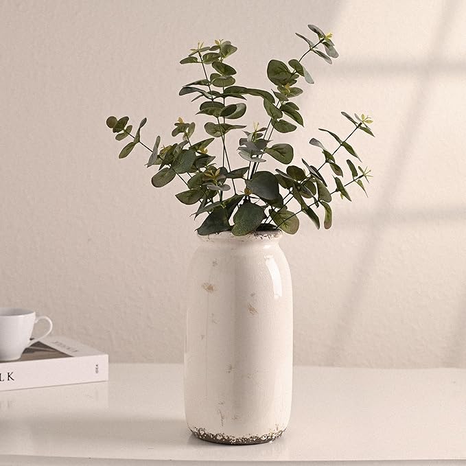 VICTOR & TERESA Rustic Large White Vase for Home Decor, 10'' Tall Ceramic Vases for Flowers, Farmhouse Decorative Vases for Pampas Grass, Table, Mantel, Living Room, Centerpieces