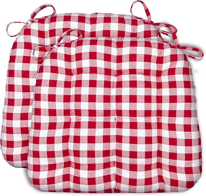 Barnett Home Decor Dining Chair Cushions with Ties – Size Small 15 x 17 - Latex Foam Fill, 100% Cotton, Machine Washable Chair Pads for Kitchen Chairs, Made in USA (Classic Check Red/Pack of 2)