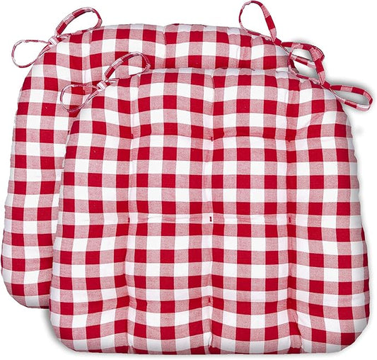 Barnett Home Decor Dining Chair Cushions with Ties – Size Small 15 x 17 - Latex Foam Fill, 100% Cotton, Machine Washable Chair Pads for Kitchen Chairs, Made in USA (Classic Check Red/Pack of 2)