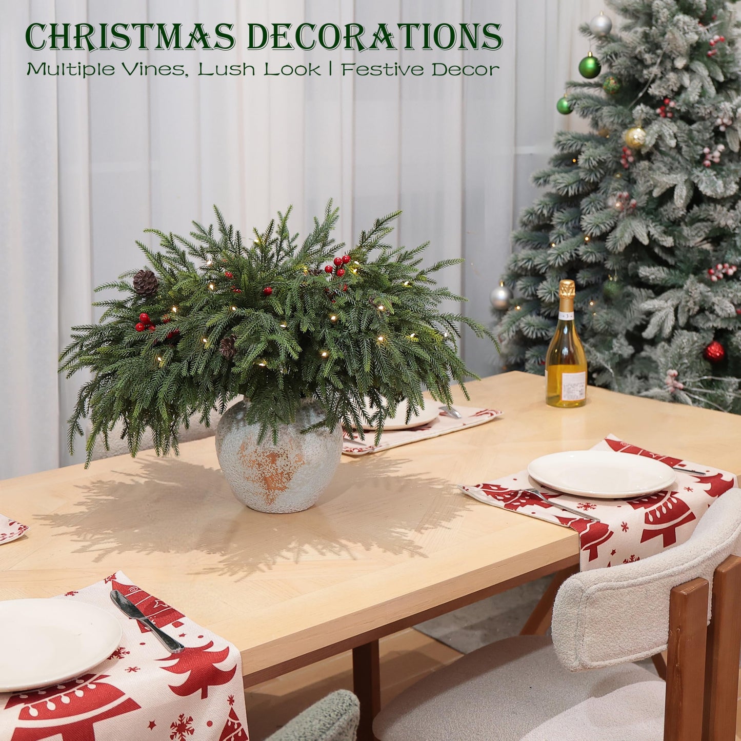 WHANLEY L&Q 20-Piece Set 23" Christmas Norfolk Pine Branches with Lights - Battery Operated Christmas Decorations - Warm Lights -Norfolk Pine Stems for Xmas DIY Crafts Garland Wreath- Christmas Decor