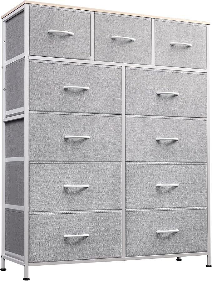 WLIVE Storage Organizer Unit with 11 Fabric Bins, Storage Drawers Organizer with Steel Frame, Tall Storage Tower Organizaton for Living Room, Hallway, Office, Light Grey