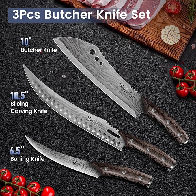 Butcher Knife Set, 3 PCS Kitchen Knife for Meat Cutting, Cleaver, Breaking & Boning Knife, Japanese Style High Carbon Steel Kitchen Knife for Chopping, Slicing, Deboning, House Warming Gifts