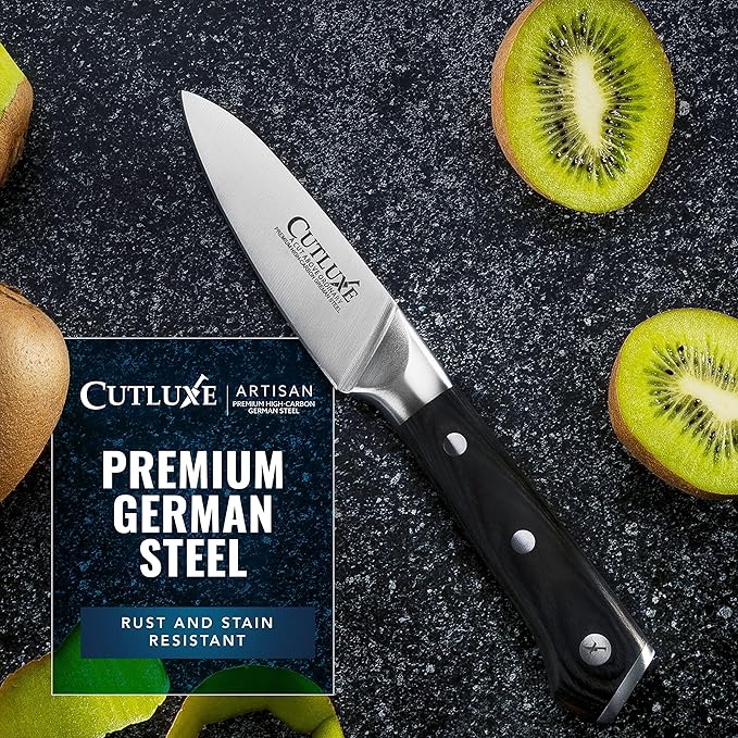 Cutluxe Paring Knife, 3.5" Small Kitchen Peeling Knife with Razor Sharp Blade – High Carbon German Steel, Full Tang, Ergonomic Handle Design – Artisan Series