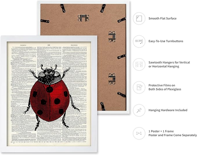 Poster Master Dictionary Art Poster - Retro Ladybug Print - Insect Art - Red Bug Art - Gift for Men, Women & Animal Lover - Minimal Decor for Living Room & Kid's Room, 11x14 White Framed
