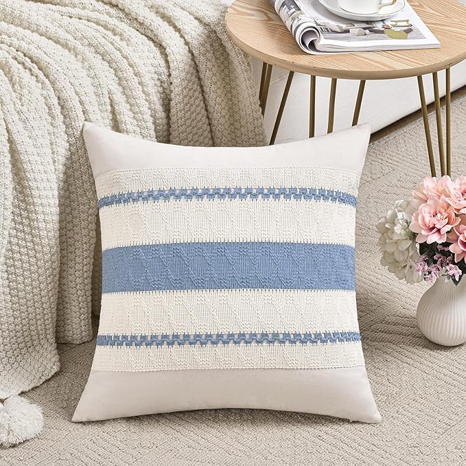 Fancy Homi Set of 2 Boho Light Blue Decorative Throw Pillow Cover 20x20 Inch for Couch Bed Sofa, Aesthetic Modern Organic Farmhouse Home Decor, Soft Cotton Cute Accent Macrame Woven Cushion Case