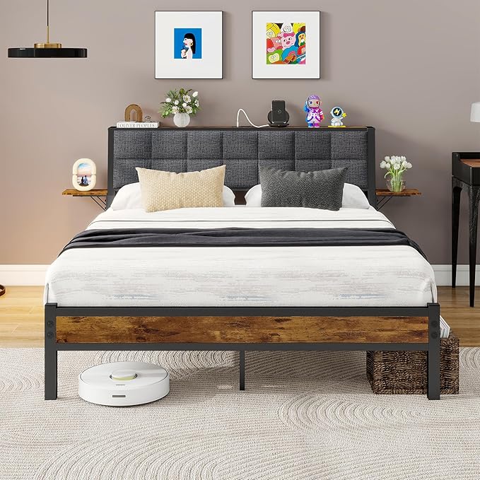 Queen Bed Frame with Headboard,Metal Platform Bed Frame Queen Size with Storage and USB Charging Station,Upholstered Bed Frames with Metal Slats/No Box Spring Needed/Under Bed Storage/Noise Free