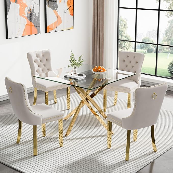 Goujxcy 5 Piece Glass Dining Table Set Modern Small Glass Dining Table Set for 4, 35.43" Square Kitchen Table and 4 Velvet Upholstered Chairs for Kitchen Dining Room, Gold & Beige