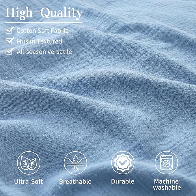 MEISHANG Muslin Duvet Cover King Size - 100% Organic Cotton, Soft Textured Gauze Weave Comforter Cover for Breathable All-Season with Zipper Closure - 3 Piece Set (King, Smoky Blue)
