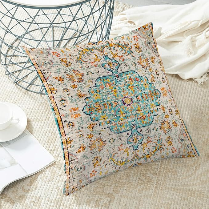 Boho Pillow Covers 18x18 Set of 2, Carpet Pattern Teal Yellow Decorative Throw Pillows Farmhouse Bohemian Cushion Pillow Covers for Sofa Couch Outdoor Decor