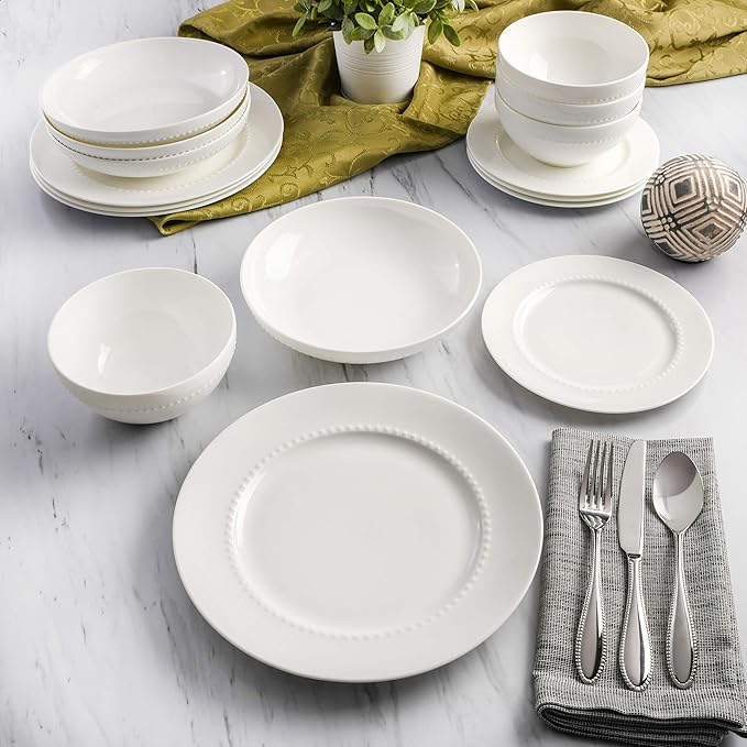 Gibson Elite Embossed Bone China Double Bowl Dinnerware Set, Service for 4 (16pcs), White