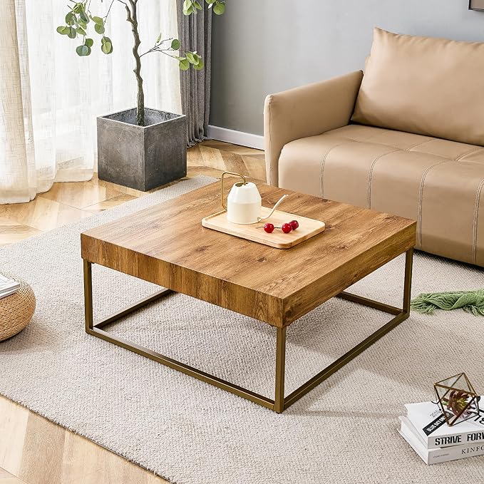 31.5'' Modern Square Coffee Table for Living Room, Metal Legs Large Coffee Table, Wooden Tea Table Top for Dining Room Office Small Space