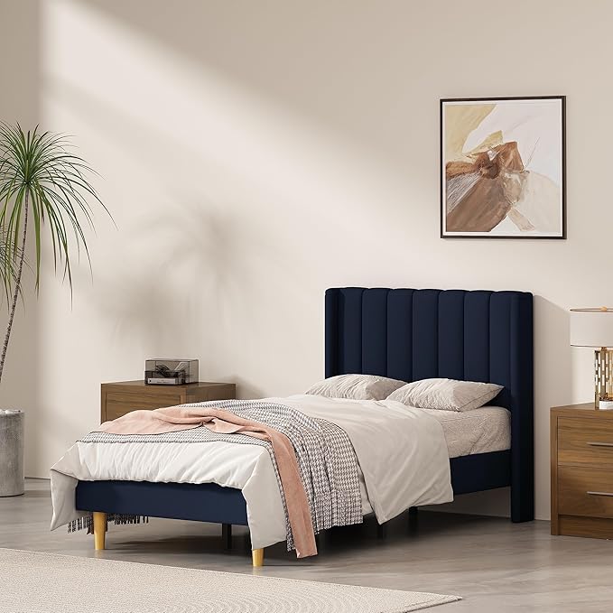 Twin Size Upholstered Platform Bed Frame with Modern Wingback & Vertical Panel Headboard, Linen Fabric, Wooden Legs & Slats Support, No Box Spring Needed, Noise-Free & Easy Assembly, Dark Blue