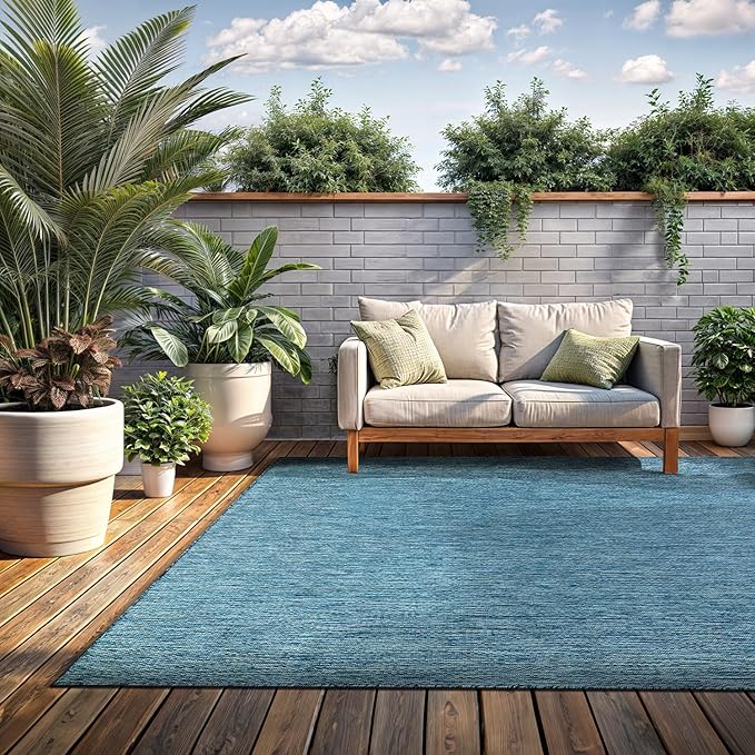 Washable Indoor Outdoor Rug Weather Resistant Carpet Modern Solid for Porch Deck Balcony Backyard Patio Rug 10x14 Aqua Blue