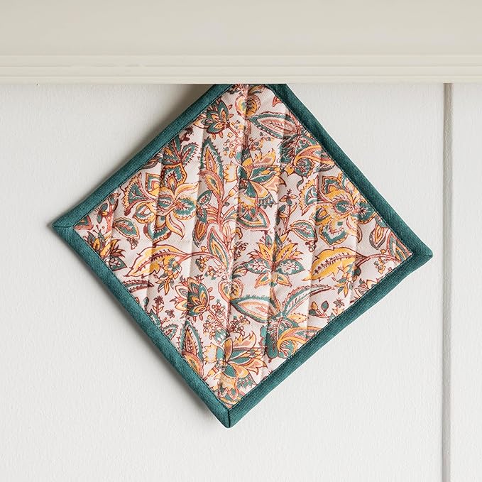 Maison d' Hermine 100% Cotton Oven Mitt & Pot Holder Set (7.5"x13" & 8"x8") Heat Resistant BBQ Cooking Gloves with Loop for Thanksgiving Christmas Decorations Handling Hot Pans (Nila)