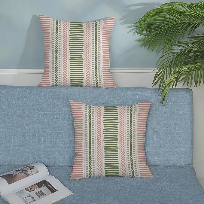 Boho Pillow Covers 18x18 Set of Pink Sage Green Stripes Throw Pillow Covers Outdoor Decoration,Bohemian Abstract Modern Decor Pillowcase Farmhouse Linen Decorative Cushion Cover for Home Couch