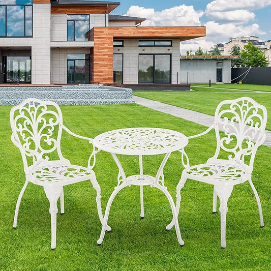 Patio Bistro Sets 3 Piece,Cast Aluminum Bistro Table and Chairs Set of 2 with 1.97" Umbrella Hole,All Weather Bistro Table Set Outdoor Patio Furniture for Garden,Yard(Butterfly White)