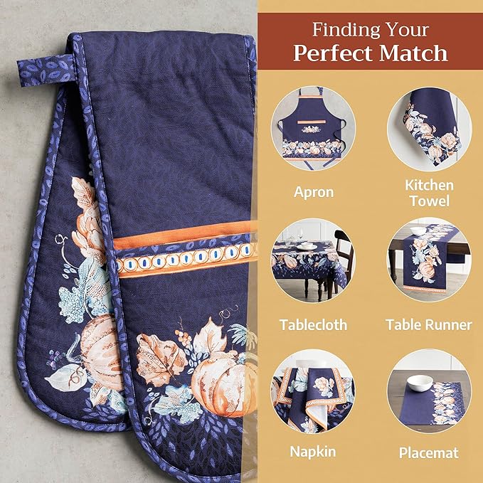 Maison d' Hermine Double Oven Mitt (7" x 35") 100% Cotton Heat Resistant BBQ Cooking Gloves with Loop for Thanksgiving Christmas Decorations Baking Cooking Barbeque Handling Hot Pan (Pumpkin Blues)