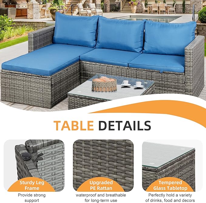 Shintenchi Outdoor Patio Furniture Sets, Small Outdoor Sofa Patio Sectional Sets 3-Piece All Weather Wicker Rattan Patio Seating Sofas with Glass Coffee Table and Cushion (Blue)