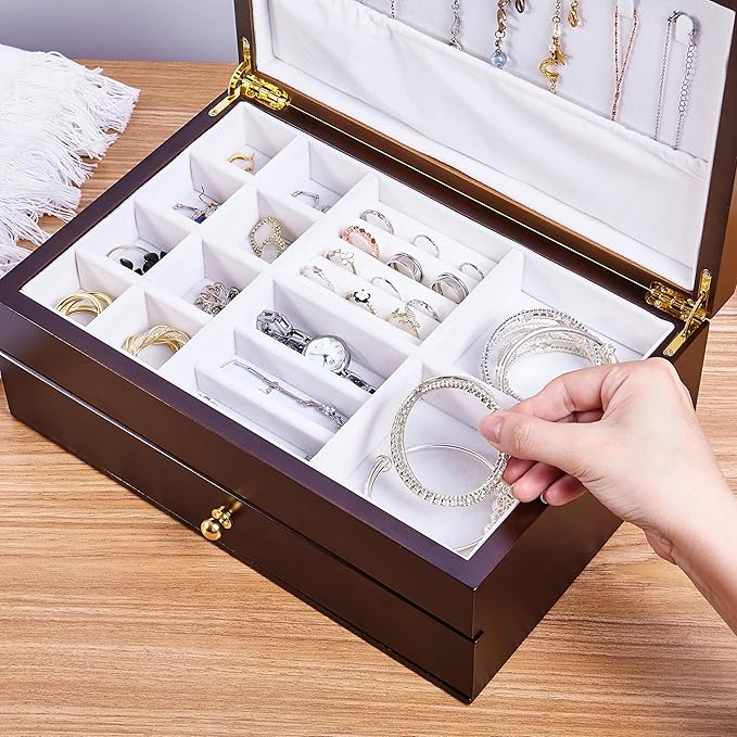 Wooden Jewelry Box with Drawer, Medium Size Real Natural Solid Wood, 2-Layer Vintage Organizer with Earring Storage, Ring Compartments, Necklace Hooks, ek15-m-dark