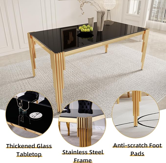 51" Rectangle Glass Dining Table, Modern Kitchen Table with Tempered Glass Top and Tubular Stainless Steel Legs for 4-6, Easy Assembly for Kitchen, Dining Room (Black, Gold)
