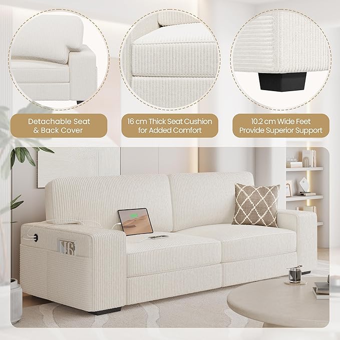 Yaheetech 83.5" W Modern Sofa Couch Corduroy Fabric Sofa with Detachable Cover, USB Charging Ports & Side Storage Pockets for Living Room Apartment, Ivory