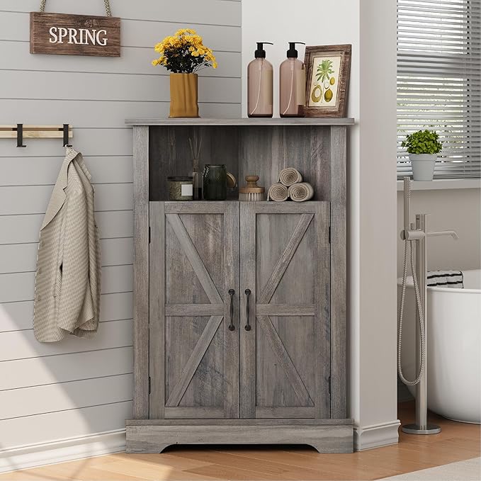 Smuxee Bathroom Corner Storage Cabinet, Farmhouse Floor Corner Cabinet with Barn Door and Adjustable Shelf, Wash Grey Narrow Cabinet Organizer for Bathroom, Living Room, Kitchen