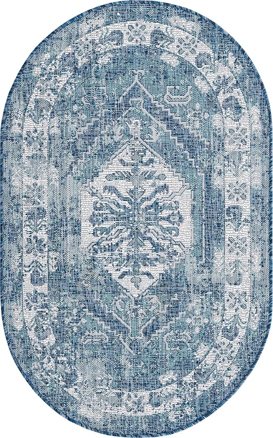 Unique Loom Outdoor Traditional Collection Area Rug - Valeria (3' 3" x 5' 3" Oval, Blue/ Ivory)