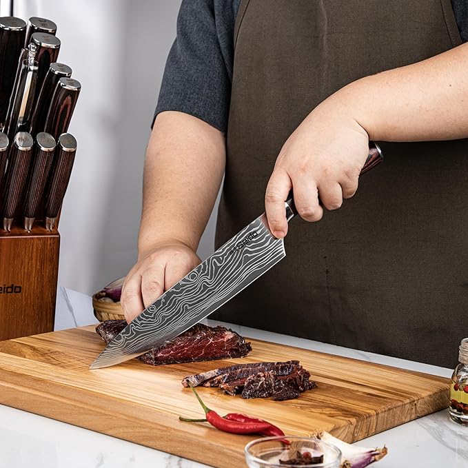 Seido Knives Master Chef Knife Japanese Handmade High Carbon Steel 8 inch - Perfectly Well-Balanced Pakka Wood Handle Kitchen Slicing Knife Razor-sharp Blade Precision Cutting