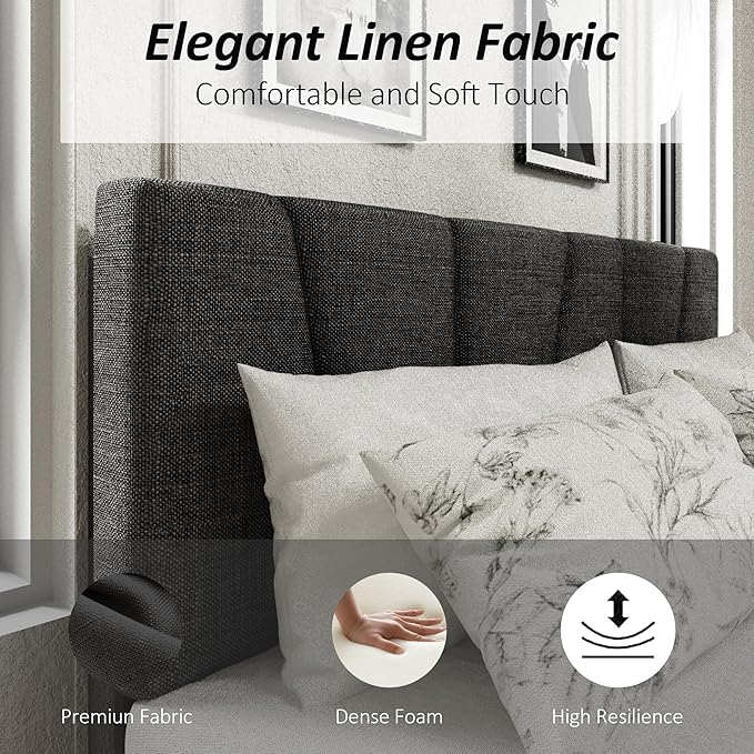 Queen Size Platform Bed Frame with Modern Upholstered Headboard, Wooden Slats Support, Noise Free, No Box Spring Needed, Easy Assembly, Dark Grey, Linen