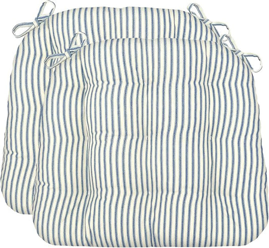 Barnett Home Decor Dining Chair Cushions, 16.5 x 18, Pack of 2 – Ticking Stripe Navy Blue – 100% Cotton, Latex Foam Fill