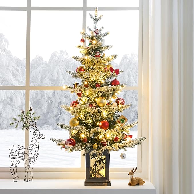 Small Pre-Lit Christmas Tree with LED Lights - 3.5 FT Snow Flocked Ariticifial Tree with Vintage Snowflake Base, Battery Operated & Auto Timer for Home Office Xmas Decor
