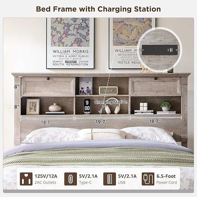 Farmhouse Queen Size Bed Frame with 54" Tall Storage Bookcase Headboard, 18" Roman Column Decoration Footboard,2 Drawer & 4 Storage Rack,Wood Platform Bed Frame, No Box Spring Needed(Light Rustic Oak)