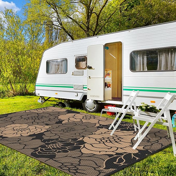 GENIMO Outdoor Rug Waterproof for Patio Decor, 6' x 9' Reversible Plastic Straw Floral Camping Carpet, Large Area Rugs Mats for RV, Camper, Deck, Balcony, Porch, Beach, Picnic, Mix-Black & Brown