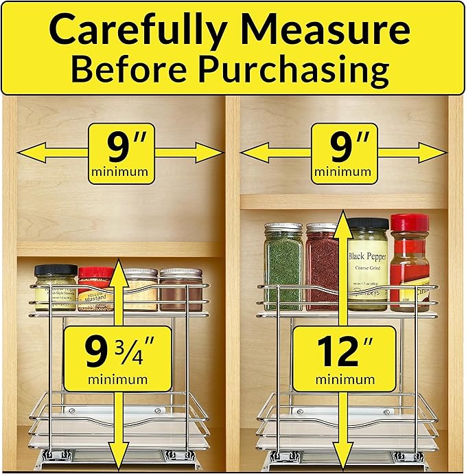 LYNK PROFESSIONAL® Pull Out Spice Rack Organizer for Inside Kitchen Cabinets - 8-1/4 inch Wide - Slide Out Drawer – Chrome Sliding Spice Cabinet Organization Shelf Racks - 2 Tier