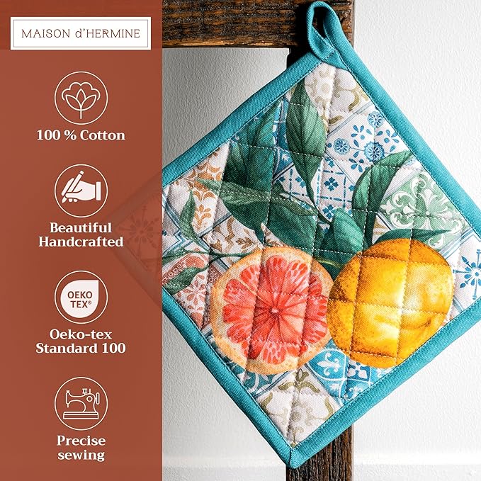 Maison d' Hermine Pot Holders 100% Cotton Heat Resistant Potholders 8" x 8" Hot Pads with Loop BBQ, Cooking, Baking, Grilling, Kitchen, Handling Hot Pans Spring/Summer (Pack of 1, Agrume)