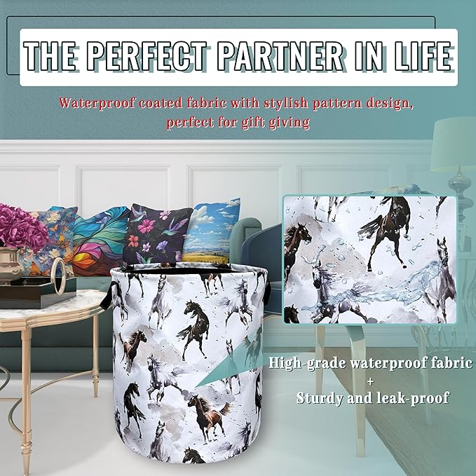 Watercolor Horses Laundry Basket Foldable With Handles Tote Bag Oxford Cloth Funny Animal Laundry Hamper 18.9" x 16.5" Clothes Storage Bucket Toy Organizer For Bathroom/Laundry/Bedroom