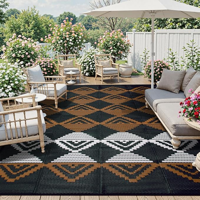 Beeiva Waterproof Outdoor Rug 9x12, Reversible Plastic Straw Outdoor Camping Rugs, Modern Geometric Foldable Patio Mat for Porch, Deck, Backyard, Balcony, Picnic - Black & Brown